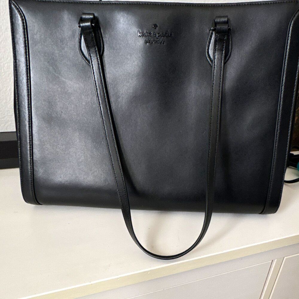 kate spade new york Black Leather Zip Tote Handbag Inner Pockets Silver Hardware